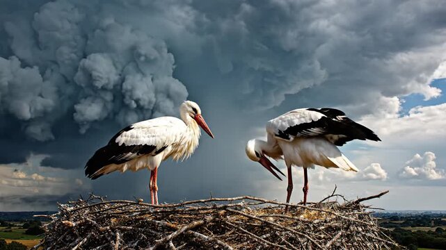 Two white storks standing in large stick nest.