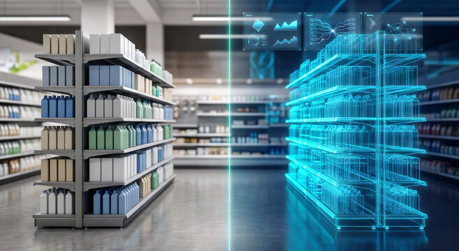 Modern supermarket aisle split into physical shelves with blank packaging and holographic digital twin wireframe with abstract data HUD for B2B smart retail and automated inventory management concept
