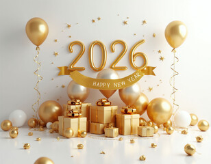 Fototapeta premium Golden balloons and gift boxes celebrate New Year 2026. Festive greeting card design elements with stars and ribbons create a luxurious holiday mood. Happy wishes for the coming year.