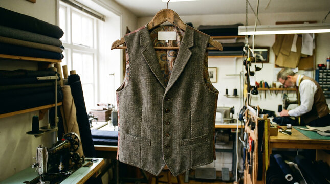 Tweed Vest Hanging on Hanger in Tailor's Workshop with Man Working