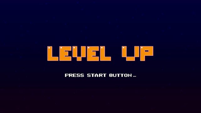 LEVEL UP. pixel art 8-bit game. Retro Futurism Sci-Fi Background. glowing neon grid. and stars from vintage arcade computer games