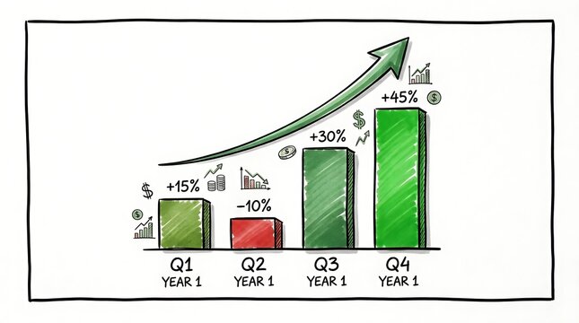 Hand-drawn doodle illustration depicting a business performance bar chart showing quarterly financial growth and decline over a year, with an upward trend arrow