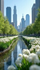 Fototapeta premium Green city park with reflective water channel lined with white flowers. Tall modern buildings rise behind trees. Clear blue sky and sunny daylight.