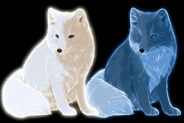 Fototapeta premium Two arctic foxes side by side one in white winter coat, the other in blue summer coat, set against a black background.