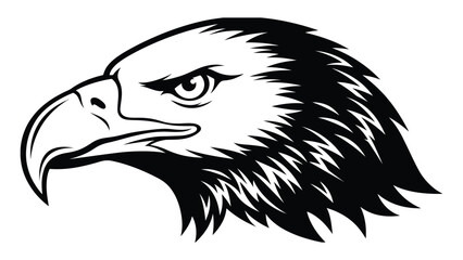 Fototapeta premium Detailed eagle head silhouette with sharp gaze isolated on a white background, perfect for sports team logos and emblems.