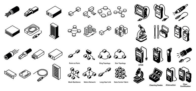 Network icons with cables routers switches outline
