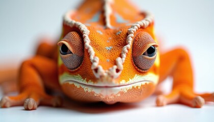 Obraz premium Orange chameleon reptile close up. Textured skin and bulging eyes on white backdrop. Detailed creature, vibrant colors and unique patterns show wild fauna.
