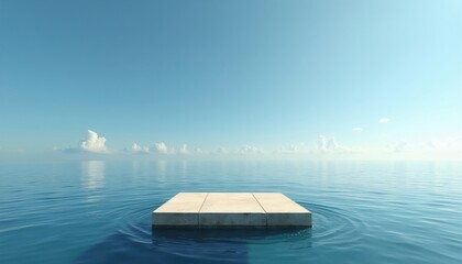 Fototapeta premium Concrete platform floats on calm blue ocean water under clear sky with scattered white clouds. Gentle waves create ripples around geometric structure. Expansive seascape offers peaceful, serene,