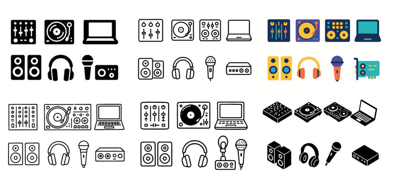Audio icons with mixer turntable headphone colorful flat
