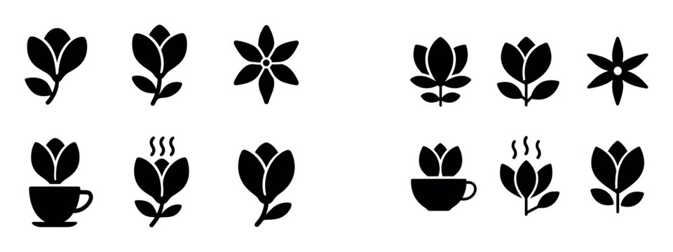 Floral icons with flower cup leaf flat