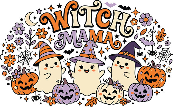 Halloween ghost and pumpkin illustration 'witch mama' design for festive apparel and decorations