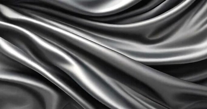 Abstract flowing dark silver satin fabric texture background with elegant waves.