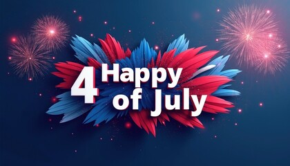 Fototapeta premium Happy 4th of July text with abstract patriotic shapes and fireworks. Red white blue elements celebrate American Independence Day. Festive design with explosion lights and sparkle.