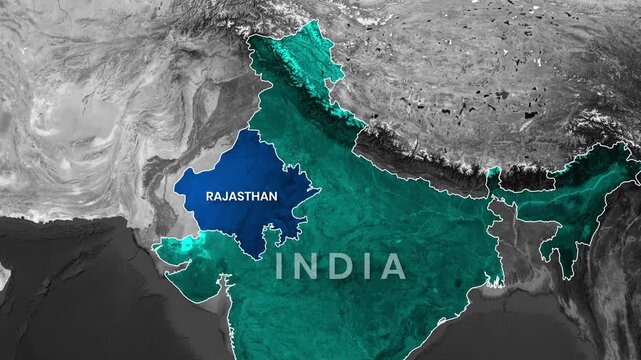 Animated map highlighting Rajasthan within the vibrant nation of India