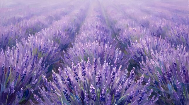 Impressionist Oil Painting of Endless Purple Lavender Field Landscape