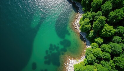 Obraz premium Aerial view of a vibrant green forest meeting clear turquoise water. Sunlight reflects on the calm water surface, revealing rocky seabed and smooth stones along the shore.