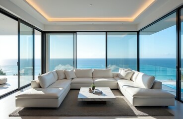 Fototapeta premium Spacious modern living room with white sectional sofa, panoramic ocean view through floor-to-ceiling windows. Minimalist decor with marble coffee table, soft rug, recessed lighting creates calm