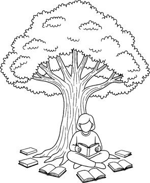 Child reading books under a large shady tree outdoors.