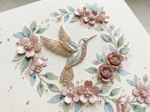 Hummingbird flying amidst floral wreath with sparkling jewels and pearls