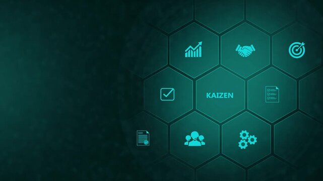 Kaizen business strategy concept with hexagonal infographic and corporate growth symbols continuous improvement