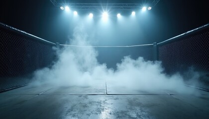 Fototapeta premium Empty MMA fighting cage arena with dramatic spotlight and fog effect. Stage prepared for battle. Intense atmosphere on floor. Combat sport preparation for fight.
