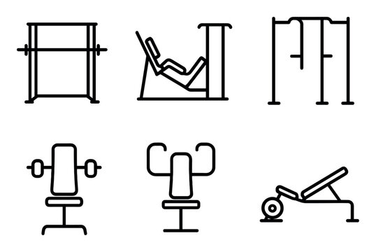 Fitness icons with bench pullup bars outline