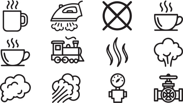 Steam Related Black Outline Vector Icon Set with Mug Iron Locomotive Pressure Valve and Vapor Symbols