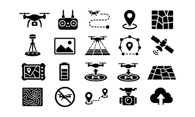 Fototapeta premium Drone mapping, photography and flight control icon set