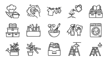 Fototapeta premium Collection of hand-drawn icons representing household chores and activities.