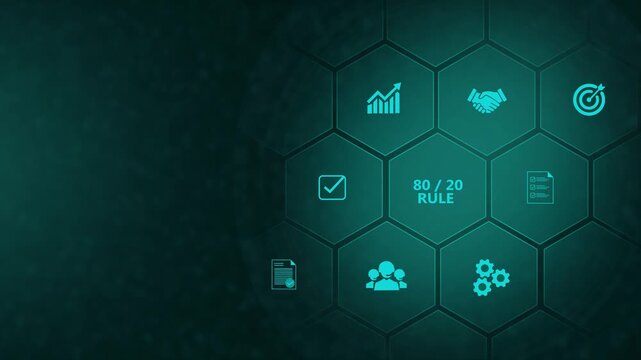 80/20 rule business strategy concept with hexagonal infographic and data visualization motion pareto principle