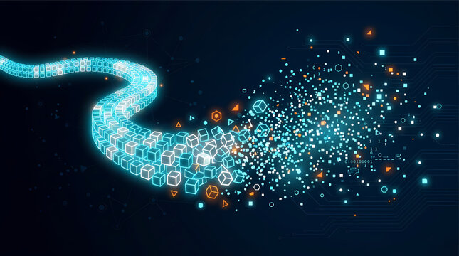 Vibrant digital illustration of colorful geometric shapes and cubes flowing in a wavy pattern on a dark background with circuit board elements and algorithm flow data stream its illustration only
