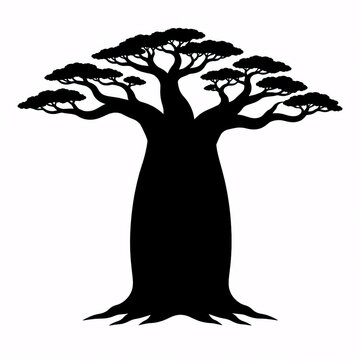 Silhouette of a Baobab Tree Isolated on White Background