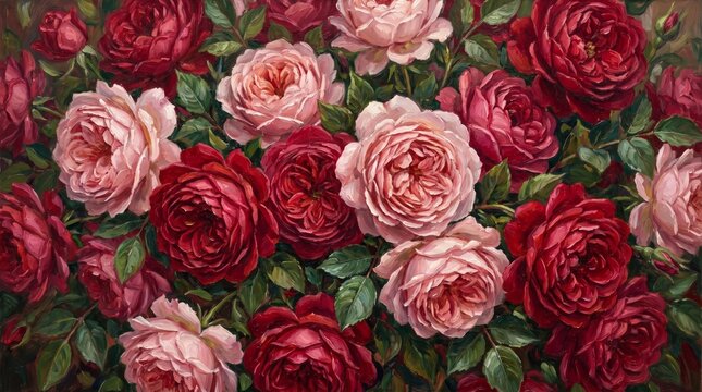 Impressionist Oil Painting Close Up of Heirloom Pink and Cream Roses