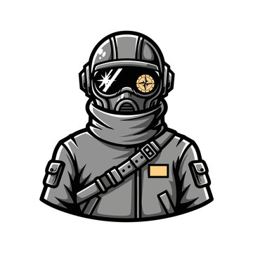 Tactical Operator in Gas Mask and Helmet with Target Reticle.