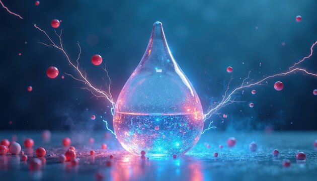 Water droplet splits into hydrogen oxygen with electrical energy. Atoms transform creating clean fuel power source. Scientific research in lab, future tech innovation.