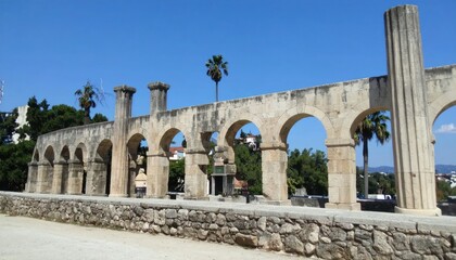 Obraz premium Long ancient stone aqueduct with multiple arched windows.