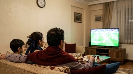 Obraz premium Family watching television together in cozy living room