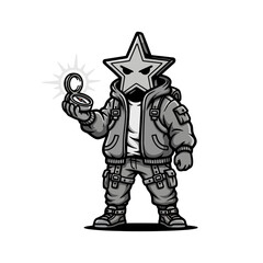 Obraz premium Star-headed character in jacket holding a shining compass, black and white illustration.