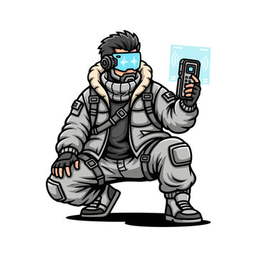 Man Wearing Virtual Reality Headset Holding Futuristic Device.