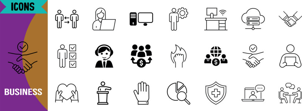 Business management people communication icons. handshake icon set, team icon set, computer icon set