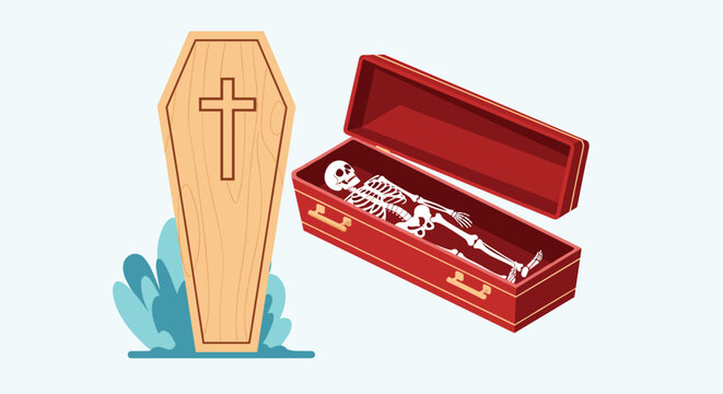 Human skeleton lies inside an open red lined coffin next to a wooden coffin lid with a cross symbol in this morbid and descriptive funeral.