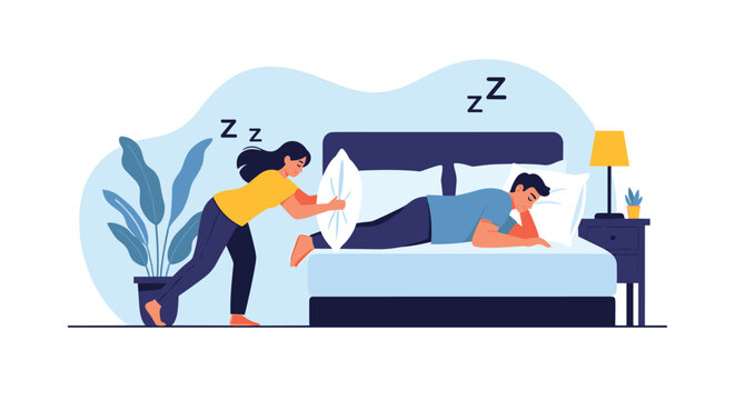 Funny bedroom scene where a woman is playfully hitting a sleeping man with a white pillow to wake him up in the morning.