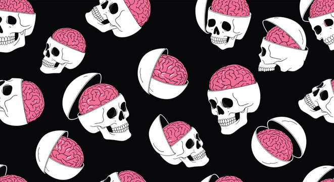 Macabre seamless pattern featuring white human skulls with open tops revealing detailed pink brains on a solid black background.