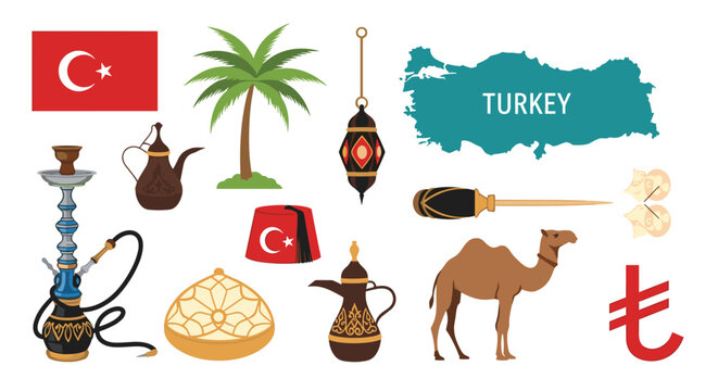 Diverse set of traditional Turkish icons including the flag, map, camel, palm tree, hookah, and tea pot on a white background.