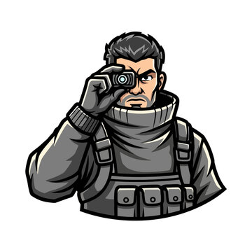 Intense male character in tactical gear holding a camera.