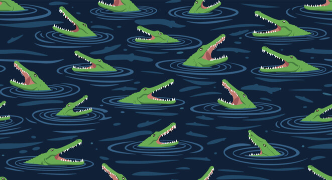Green crocodiles with open jaws are swimming in dark blue water ripples in this adventurous and energetic seamless pattern for fabric design.