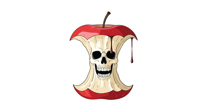 Surreal illustration of a red apple core revealing a human skull inside with dark red fluid dripping from the top against a white backdrop.