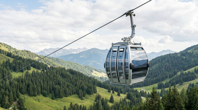 A single silver cable car gondola suspended over a lush green mountain landscape in the summer alps
