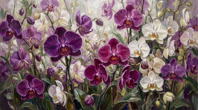 Impressionist Oil Painting Close Up of Exotic Pink Orchid Flowers