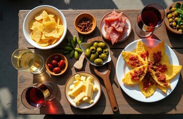 Naklejka premium Table top view of assorted tapas dishes and wine glasses. Olives, cheese, cured meat, and chips served with red and white wine. Outdoor cafe setting with wooden table.